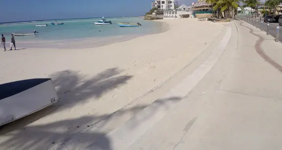 Wide angle view of the boardwalk and beach