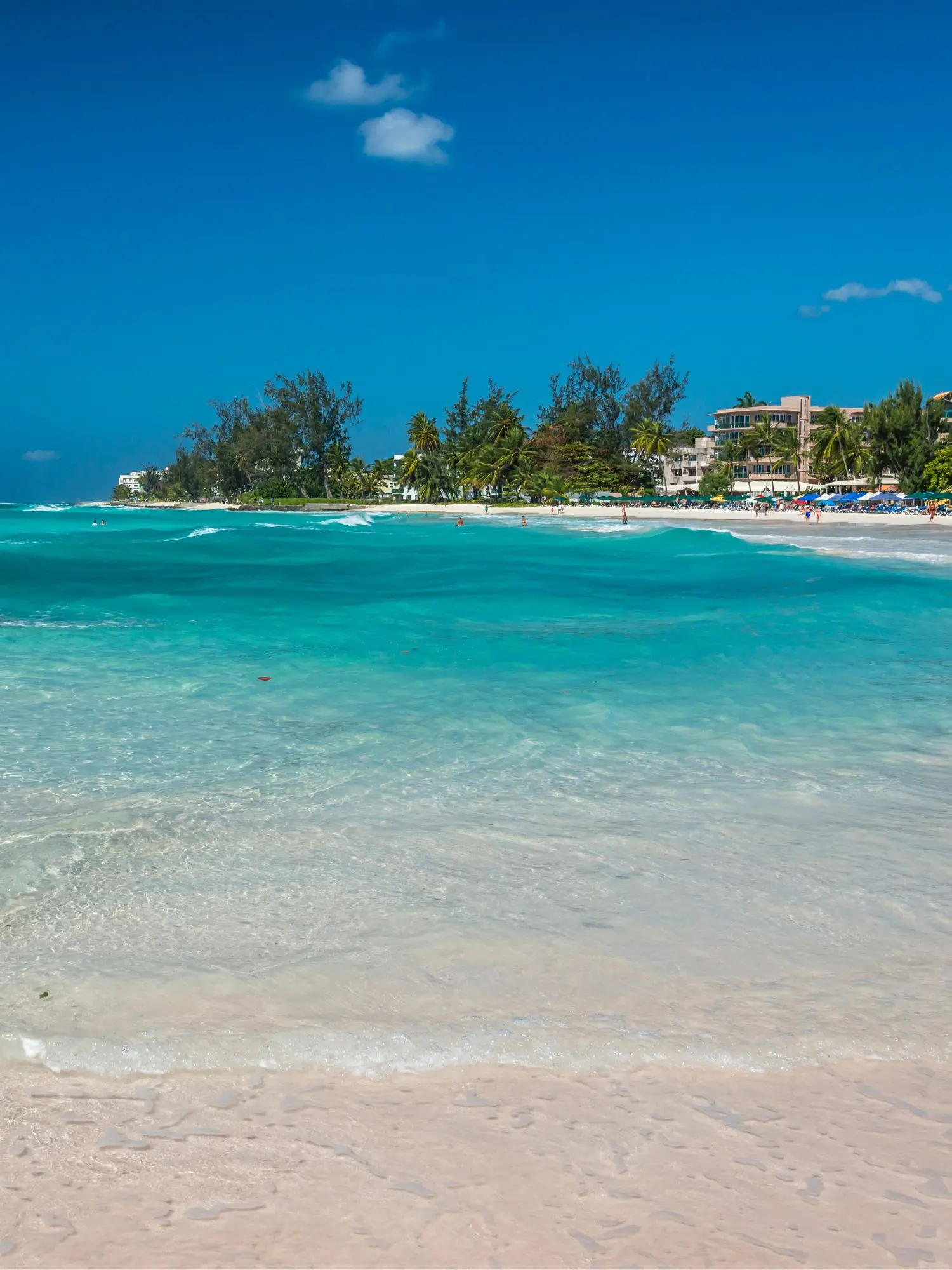 View across the blue ocean waters to the starting point of the boardwalk.