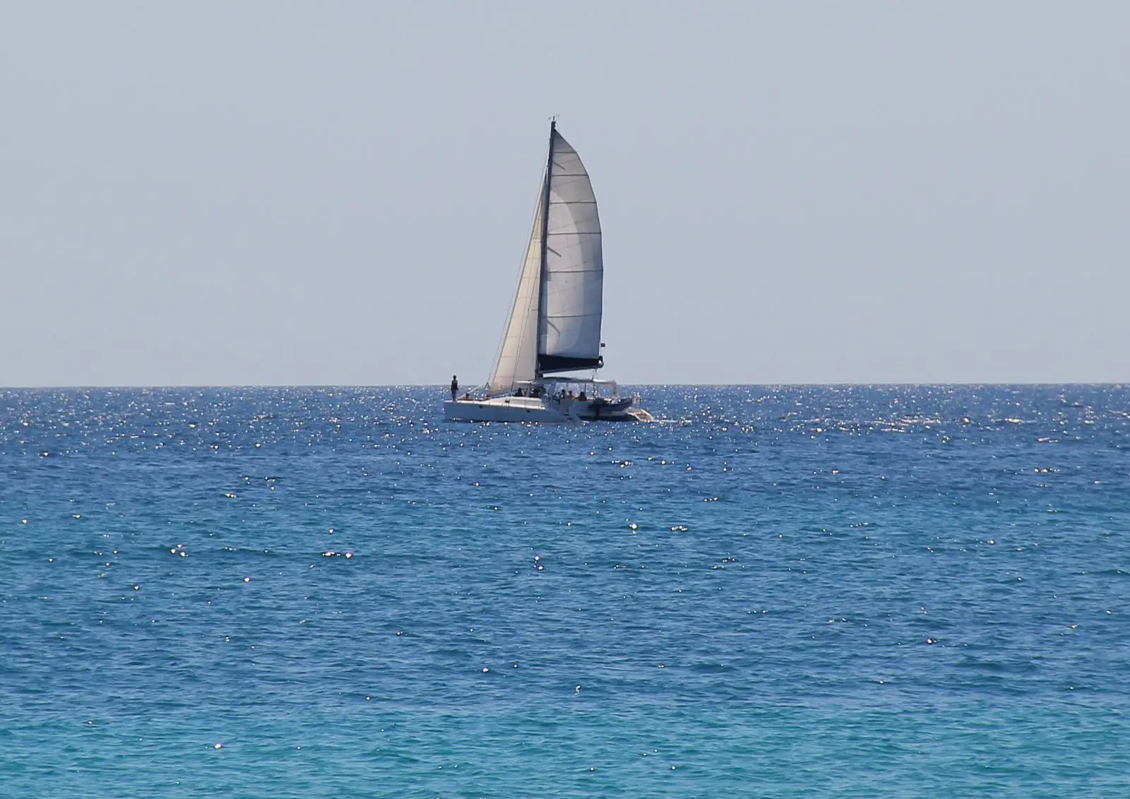 Catamaran sailing on tranquil waters just off the boardwalk